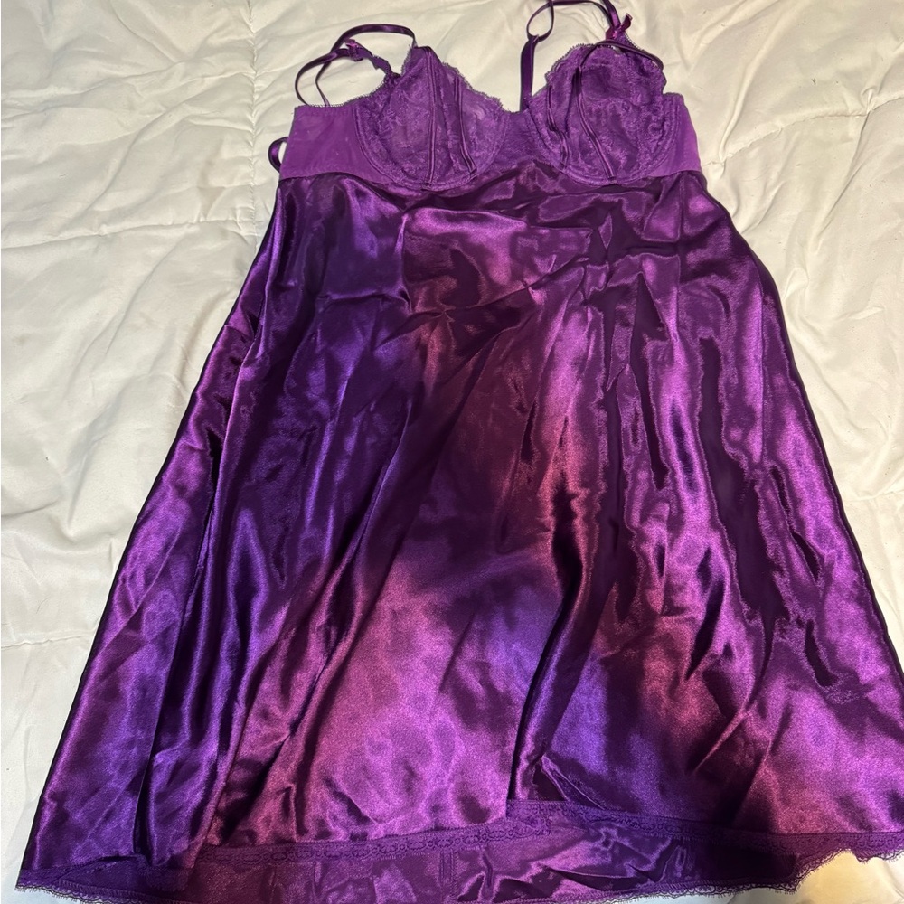 Purple Lace Trim Satin Chemise